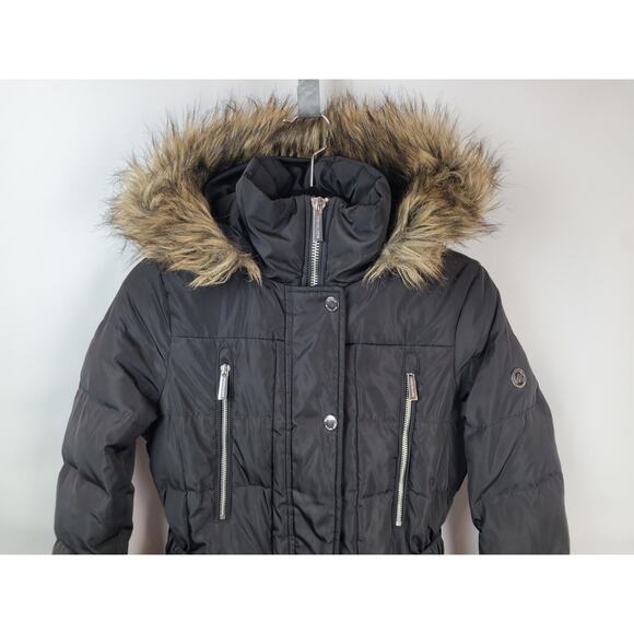 Michael Kors Jacket Women's Black Down Parka Coat Belted Faux Fur Hooded Sz XXS - Picture 2 of 16